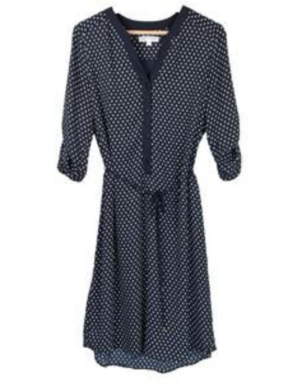 Navy Blue & White Print Dress 3/4 Sleeve Button Down Tie Waist Casual